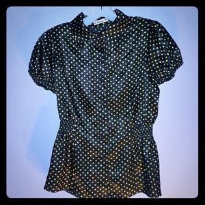 Forever21 satiny black/yellow polka dot button up